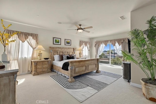 519 S Lucia Ave, Redondo Beach, CA 90277 - bedroom with visible vents, access to exterior, baseboards, ceiling fan, and carpet