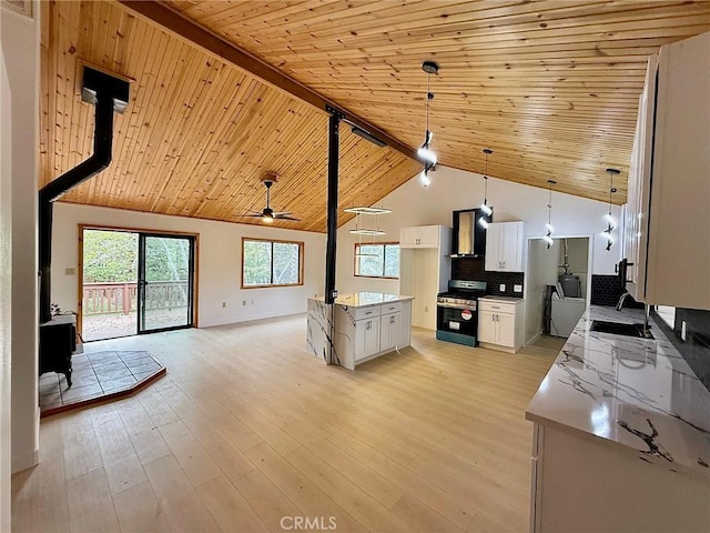 14721 Voltaire Dr, Pine Mountain Club, CA 93225 - kitchen with electric stove, open floor plan, a wood stove, and wooden ceiling
