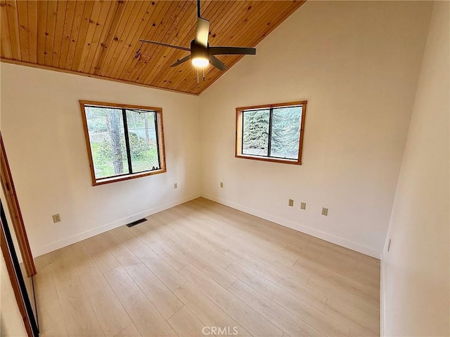 14721 Voltaire Dr, Pine Mountain Club, CA 93225 - empty room featuring ceiling fan, visible vents, wooden ceiling, baseboards, and light wood-style flooring
