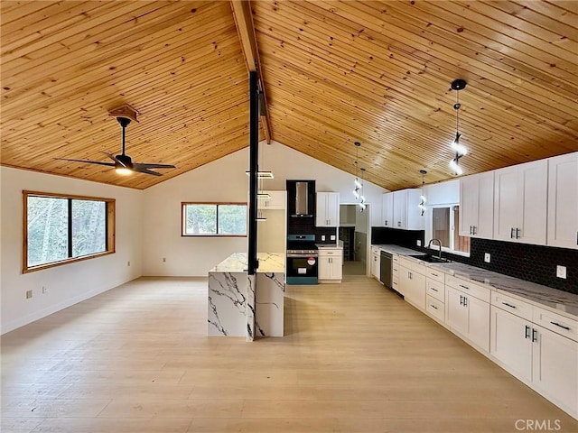14721 Voltaire Dr, Pine Mountain Club, CA 93225 - kitchen featuring range, white cabinetry, open floor plan, stainless steel dishwasher, and wood ceiling