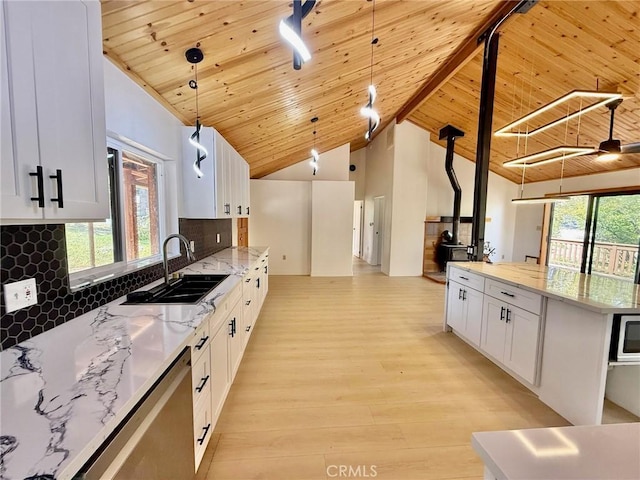 14721 Voltaire Dr, Pine Mountain Club, CA 93225 - kitchen featuring a sink, light wood-style floors, white cabinetry, a wealth of natural light, and wood ceiling