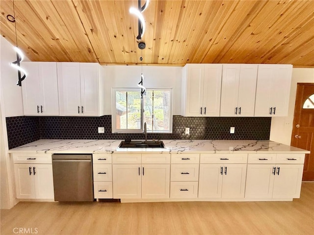 14721 Voltaire Dr, Pine Mountain Club, CA 93225 - kitchen with white cabinets, a sink, light wood-type flooring, stainless steel dishwasher, and wood ceiling
