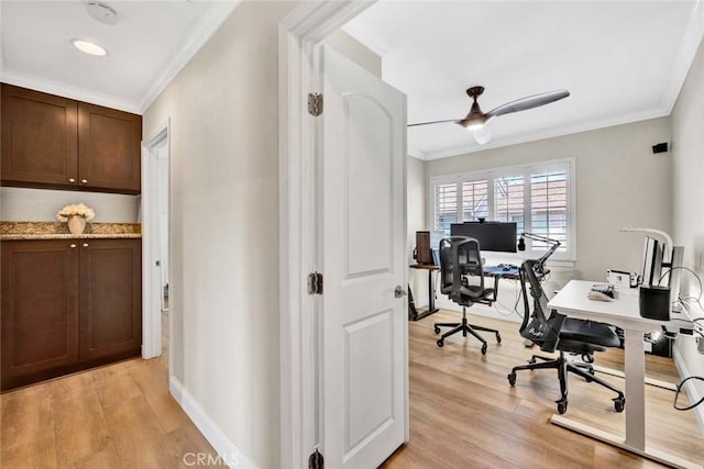 6702 Sun Dr Unit C, Huntington Beach, CA 92647 - office featuring baseboards, ornamental molding, ceiling fan, and light wood-type flooring