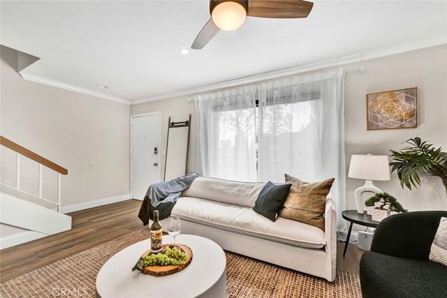 6702 Sun Dr Unit C, Huntington Beach, CA 92647 - living room with ceiling fan, stairs, wood finished floors, ornamental molding, and recessed lighting