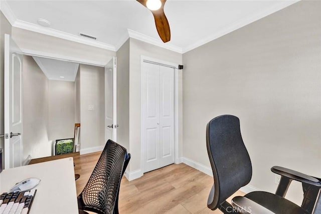 6702 Sun Dr Unit C, Huntington Beach, CA 92647 - office featuring baseboards, visible vents, ornamental molding, and light wood-type flooring