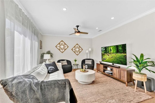 6702 Sun Dr Unit C, Huntington Beach, CA 92647 - living area featuring ceiling fan, visible vents, baseboards, ornamental molding, and recessed lighting