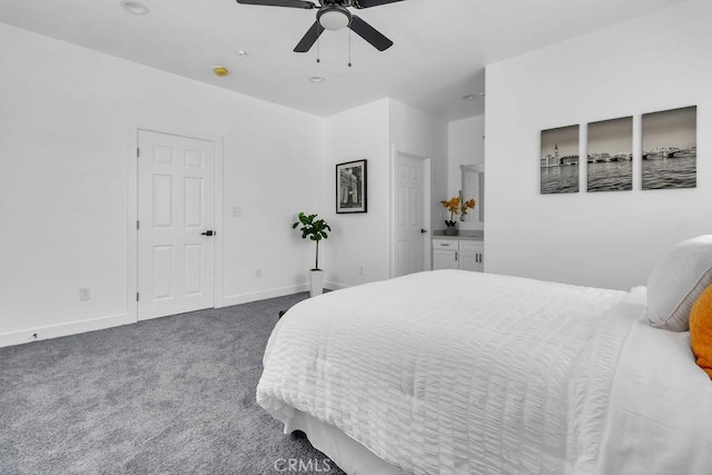 bedroom with carpet flooring, baseboards, and ceiling fan