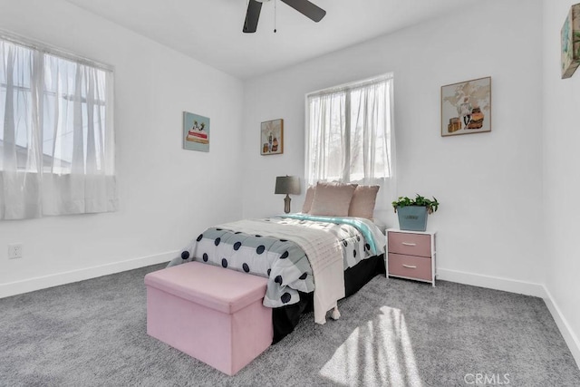 bedroom with baseboards, a ceiling fan, and carpet flooring
