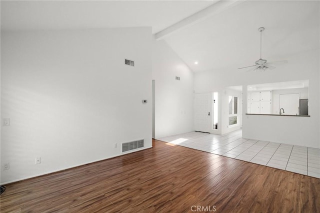 unfurnished living room with a ceiling fan, visible vents, wood finished floors, beam ceiling, and high vaulted ceiling