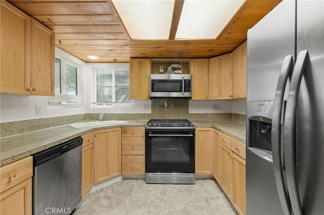 2368 Pine Dr, Running Springs, CA 92382 - kitchen featuring stainless steel appliances, light brown cabinets, wooden ceiling, and light countertops