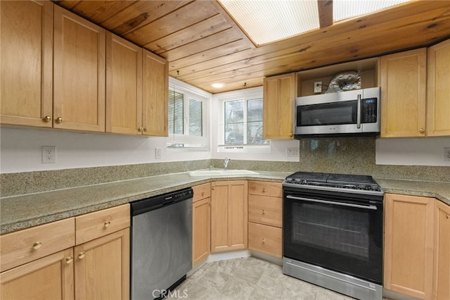 2368 Pine Dr, Running Springs, CA 92382 - kitchen with stainless steel appliances, light brown cabinetry, wooden ceiling, open shelves, and light countertops