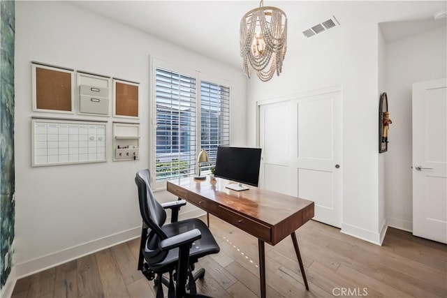 1253 Viejo Hills Dr, Lake Forest, CA 92610 - office space with a chandelier, baseboards, and hardwood / wood-style floors