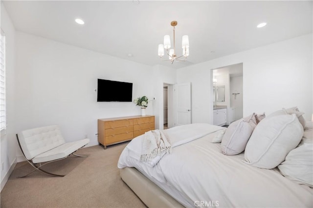 1253 Viejo Hills Dr, Lake Forest, CA 92610 - bedroom with a chandelier, light colored carpet, recessed lighting, and ensuite bathroom