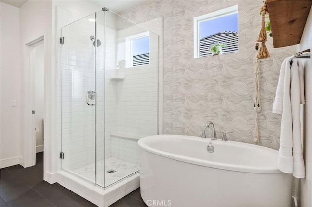 1253 Viejo Hills Dr, Lake Forest, CA 92610 - full bath with a freestanding bath, wallpapered walls, baseboards, tile patterned floors, and a stall shower