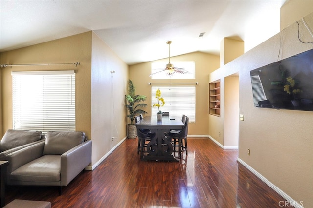 3667 Sonoma Oaks Ave, Perris, CA 92571 - dining space with ceiling fan, baseboards, wood finished floors, lofted ceiling, and visible vents