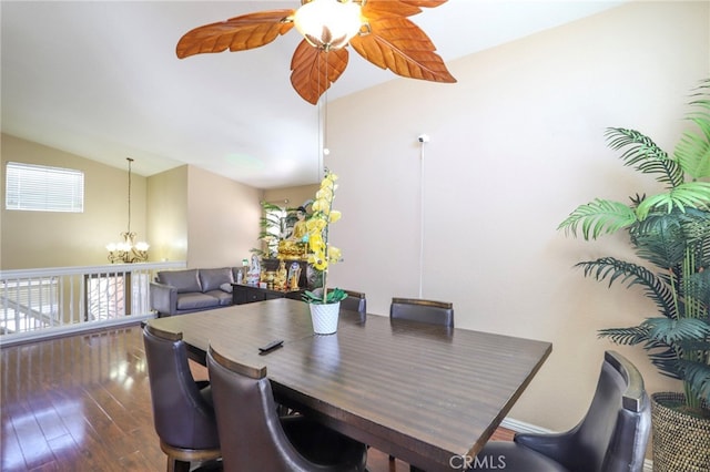 3667 Sonoma Oaks Ave, Perris, CA 92571 - dining space featuring ceiling fan with notable chandelier, hardwood / wood-style floors, and lofted ceiling
