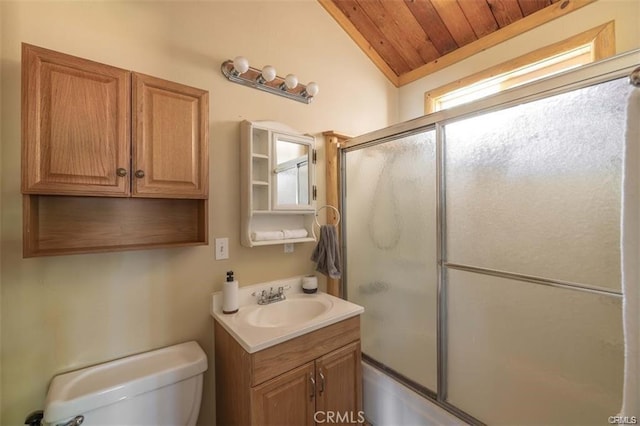 full bath with shower / bath combination with glass door, vanity, toilet, vaulted ceiling, and wood ceiling