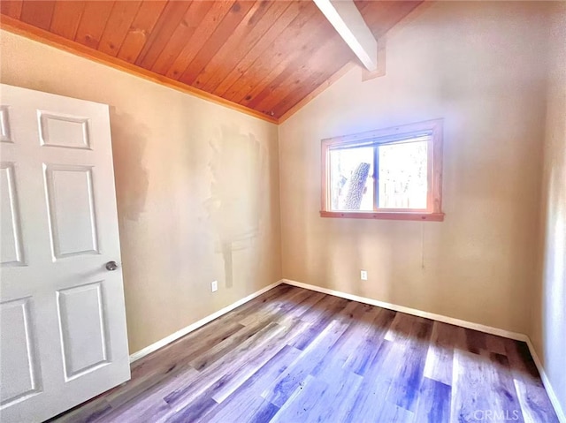 empty room with baseboards, lofted ceiling with beams, and wooden ceiling