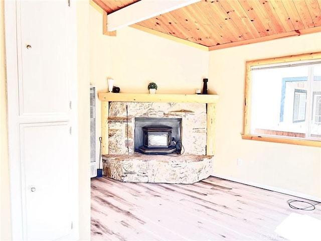 unfurnished living room with a wood stove, wood ceiling, wood finished floors, and a heating unit