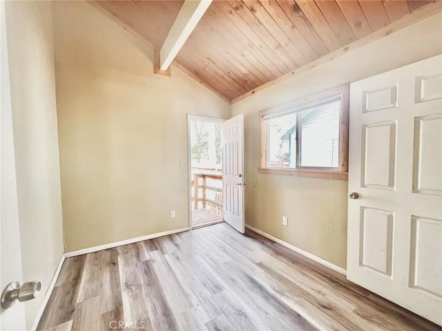 empty room with vaulted ceiling with beams, baseboards, wood ceiling, and wood finished floors
