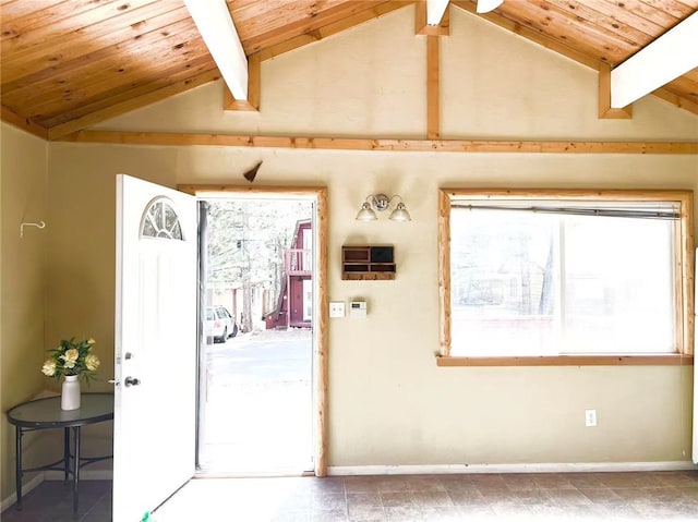 entrance foyer featuring wooden ceiling, baseboards, and lofted ceiling with beams