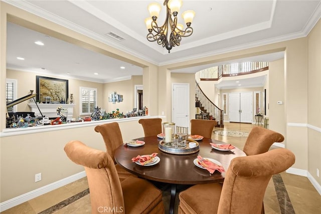 18345 Watson Way, Yorba Linda, CA 92886 - dining space with visible vents, stairs, baseboards, recessed lighting, and a notable chandelier