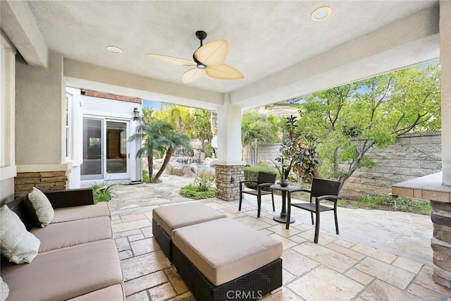 18345 Watson Way, Yorba Linda, CA 92886 - view of patio with an outdoor living space, a ceiling fan, and a fenced backyard
