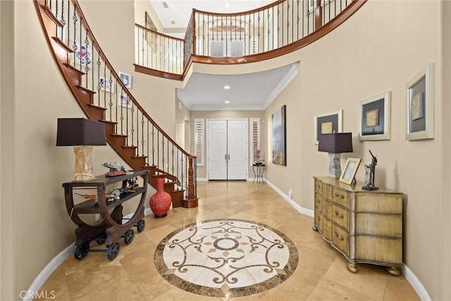 18345 Watson Way, Yorba Linda, CA 92886 - tiled foyer entrance featuring stairs, baseboards, ornamental molding, a high ceiling, and recessed lighting