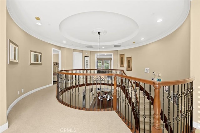 18345 Watson Way, Yorba Linda, CA 92886 - hallway featuring recessed lighting, baseboards, an upstairs landing, and a raised ceiling