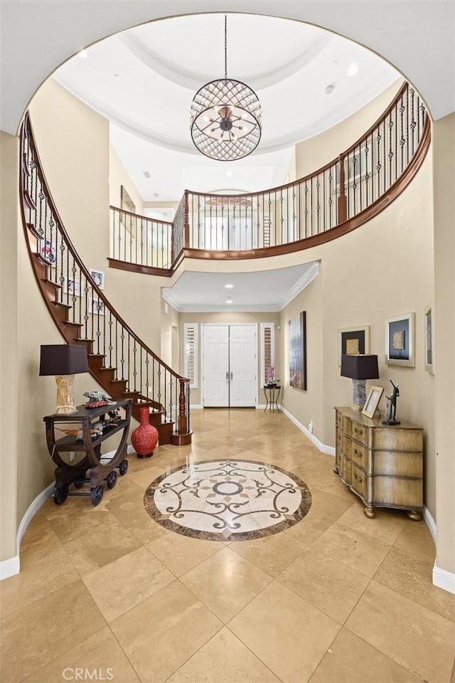 18345 Watson Way, Yorba Linda, CA 92886 - entryway featuring a towering ceiling, baseboards, stairway, recessed lighting, and a notable chandelier