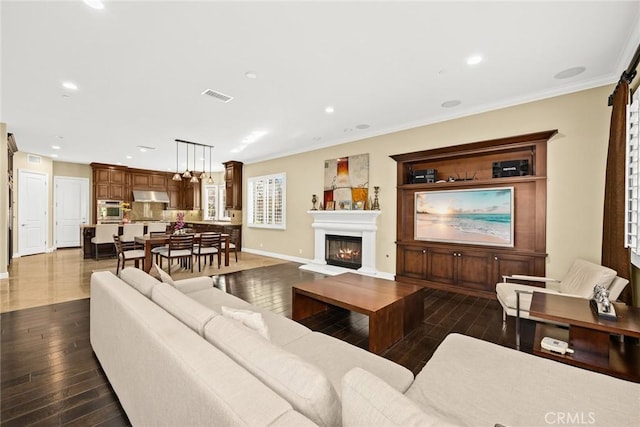 18345 Watson Way, Yorba Linda, CA 92886 - living area featuring recessed lighting, baseboards, dark wood-style flooring, and visible vents