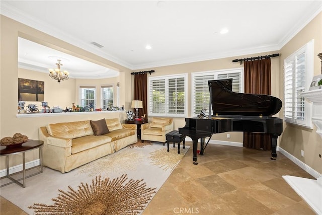 18345 Watson Way, Yorba Linda, CA 92886 - living area with baseboards, an inviting chandelier, ornamental molding, and visible vents