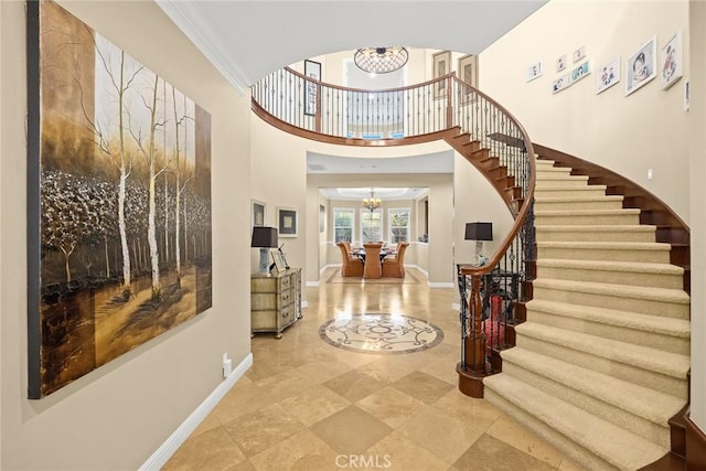 18345 Watson Way, Yorba Linda, CA 92886 - entryway with stairway, baseboards, a towering ceiling, and a chandelier