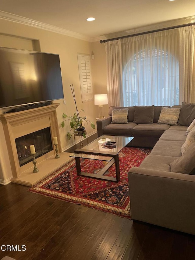 1117 Patel Pl, Duarte, CA 91010 - living area featuring crown molding, a glass covered fireplace, baseboards, recessed lighting, and hardwood / wood-style flooring