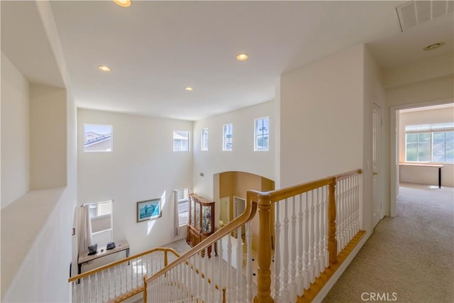 2161 S Ferrier Ct, La Habra, CA 90631 - hallway with visible vents, recessed lighting, carpet floors, and an upstairs landing
