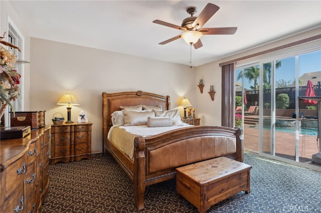 bedroom featuring access to outside, carpet, and ceiling fan