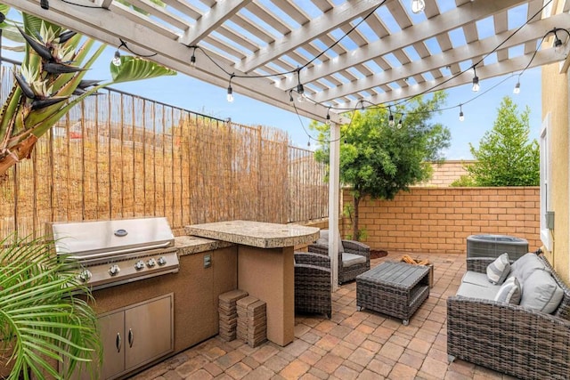 view of patio / terrace featuring area for grilling, central AC unit, a fenced backyard, outdoor lounge area, and a grill
