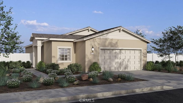 view of front of house featuring stucco siding, a garage, fence, and concrete driveway