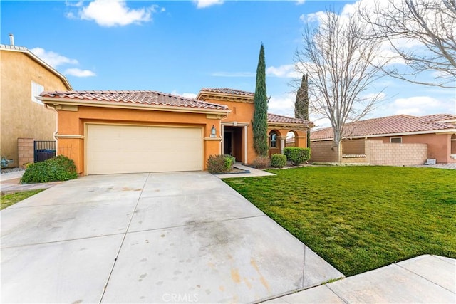 mediterranean / spanish-style home featuring a tiled roof, driveway, a garage, a front lawn, and stucco siding