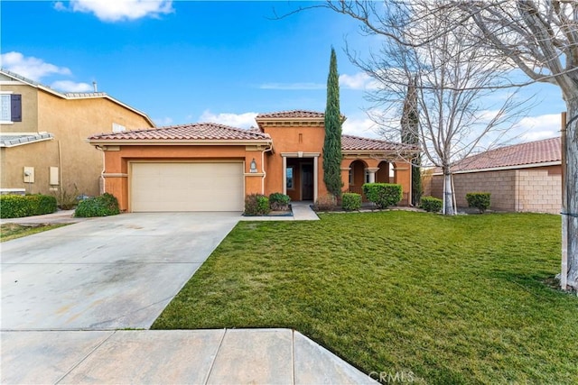 mediterranean / spanish house with an attached garage, a front lawn, a tile roof, stucco siding, and driveway