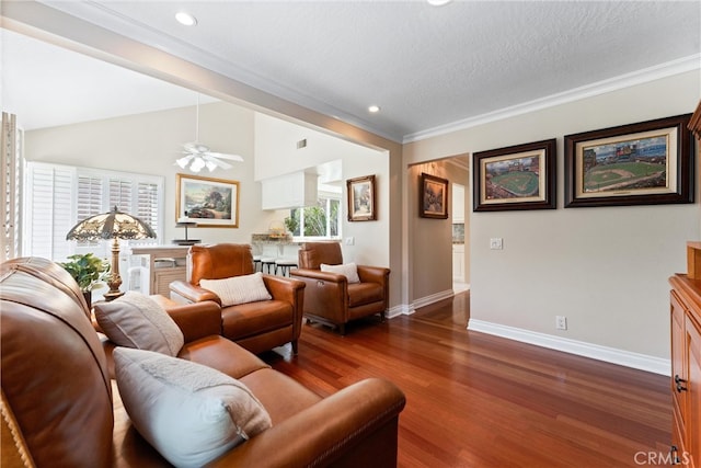 living room with recessed lighting, baseboards, crown molding, and dark wood-style floors