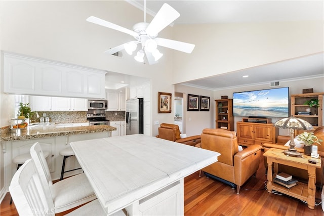 kitchen with ceiling fan, a towering ceiling, light wood finished floors, a peninsula, and stainless steel appliances