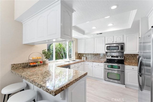 kitchen with a breakfast bar area, visible vents, stainless steel appliances, a peninsula, and a tray ceiling