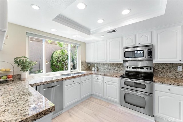 kitchen with visible vents, recessed lighting, a tray ceiling, a sink, and stainless steel appliances
