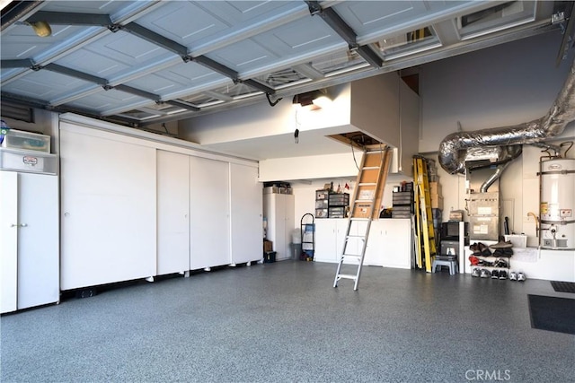 garage with strapped water heater