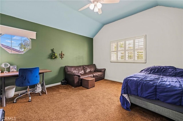 27118 Highlands Ln, Valencia, CA 91354 - carpeted bedroom featuring vaulted ceiling, baseboards, and ceiling fan
