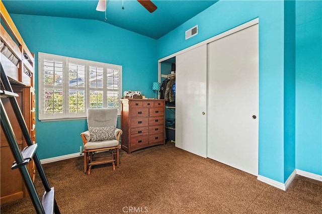 27118 Highlands Ln, Valencia, CA 91354 - sitting room with carpet floors, vaulted ceiling, a ceiling fan, and baseboards