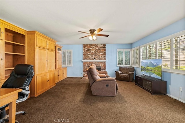 27118 Highlands Ln, Valencia, CA 91354 - office with a ceiling fan, dark colored carpet, a brick fireplace, and baseboards