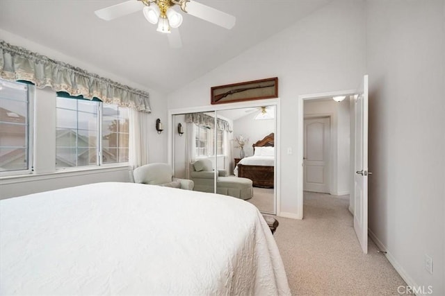 315 Alder St, Arroyo Grande, CA 93420 - bedroom with ceiling fan, light carpet, high vaulted ceiling, baseboards, and a closet