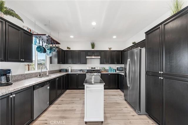 kitchen with appliances with stainless steel finishes, a sink, light wood-style floors, under cabinet range hood, and a kitchen island
